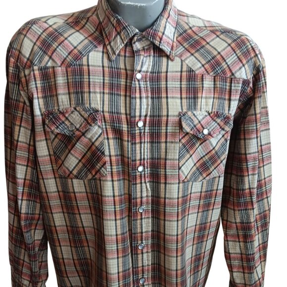 Men's XL Vintage Flannel Western Shirt 1980's Plaid Snap Lariat Hong Kong - Picture 1 of 8